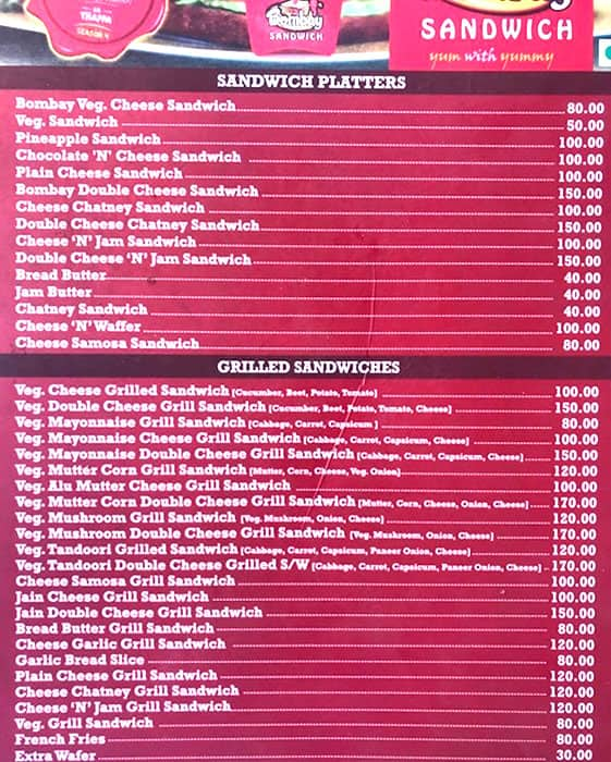 sandwich menu list