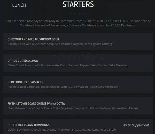 Cleaver East The Clarence Hotel Menu Zomato Irlanda