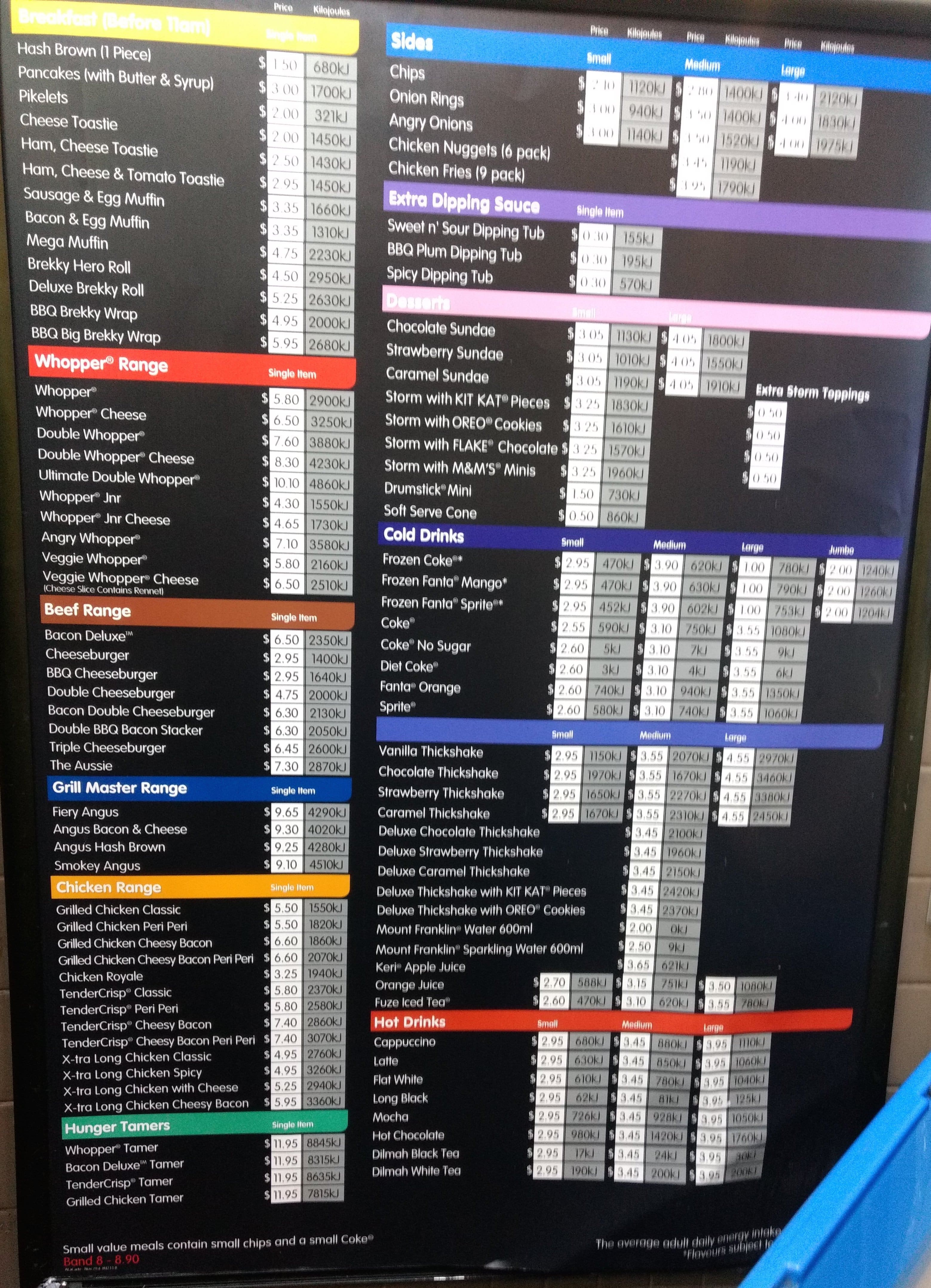 Menu at Hungry Jack's restaurant, Sydney, 505 St