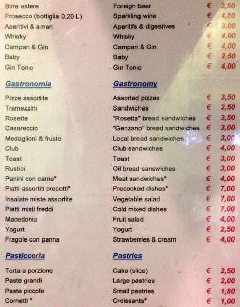 Bar di Nello Speisekarte