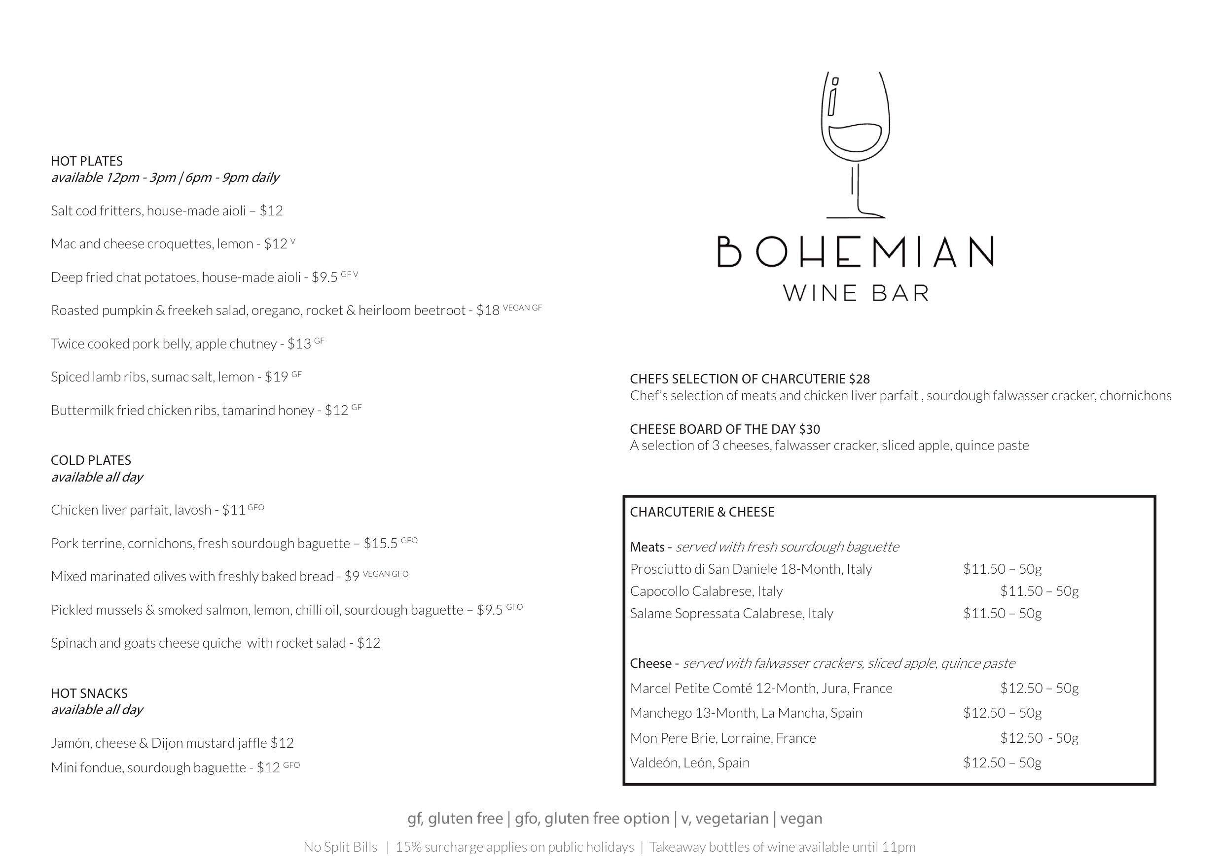 Bohemian Wine Bar Menu, Menu for Bohemian Wine Bar, South Wharf