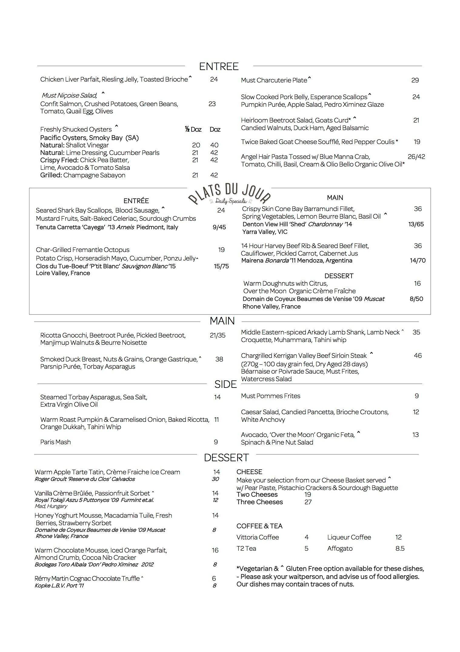 Must Winebar Menu, Menu podniku Must Winebar, Highgate, Perth