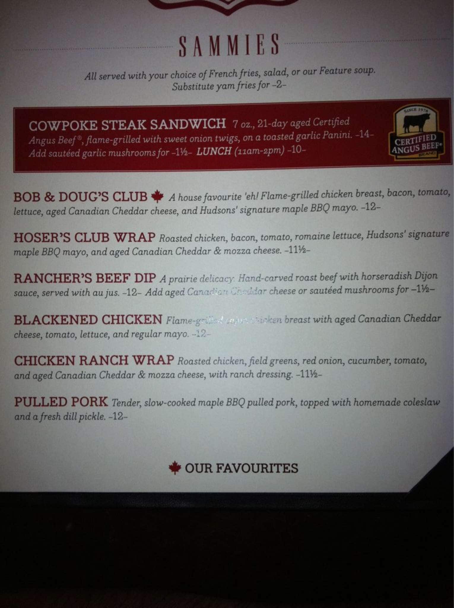 Hudsons Canada's Pub Menu Urbanspoon/Zomato