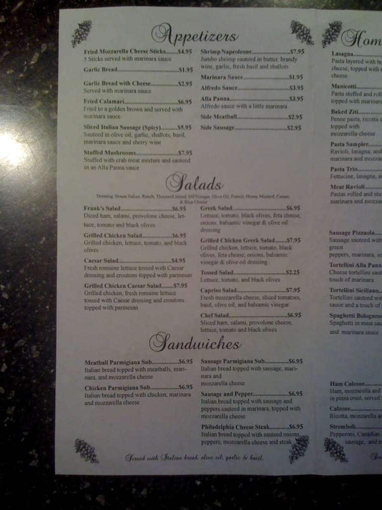 Frank's Italian Restaurant and Grill Menu Urbanspoon/Zomato