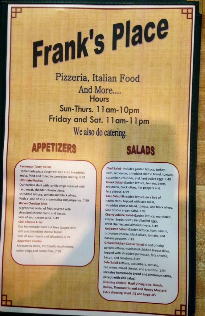 Frank's Place Menu, Menu for Frank's Place, Manchester, Jackson