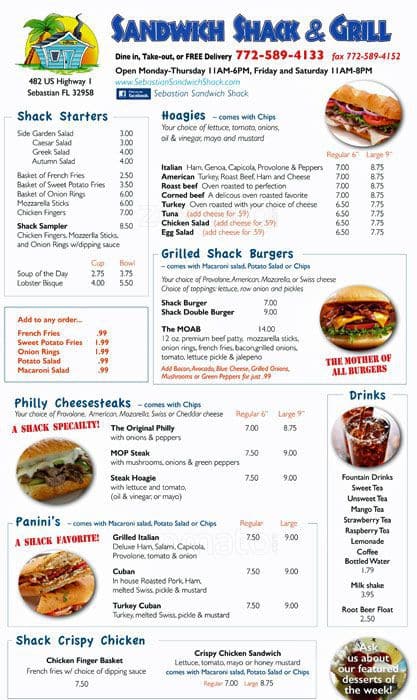 Menu at Sebastian Sandwich Shack restaurant, Sebastian, 428 US-1