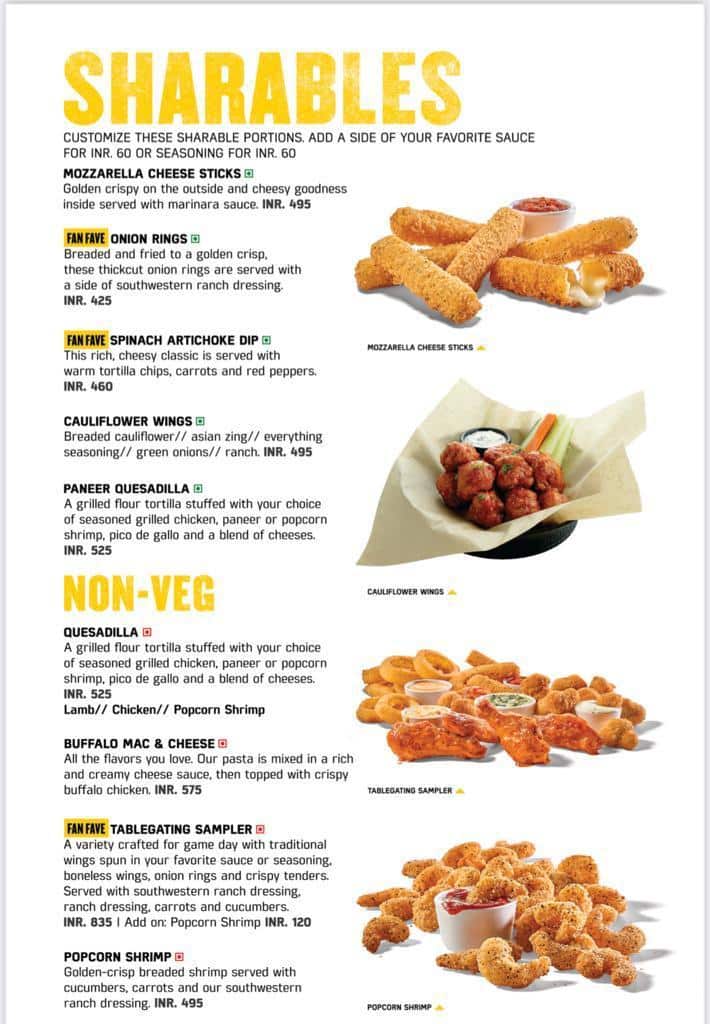 Menu at Buffalo wind wings, Gachibowli, Hyderabad