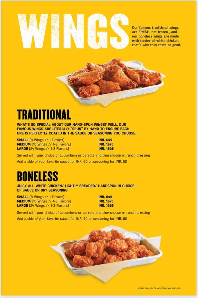 Menu at Buffalo wind wings, Gachibowli, Hyderabad