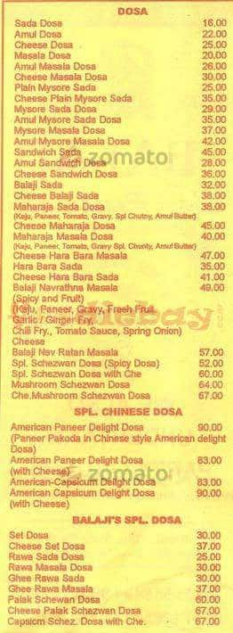 Udupi Shri Balaji Restaurant menu