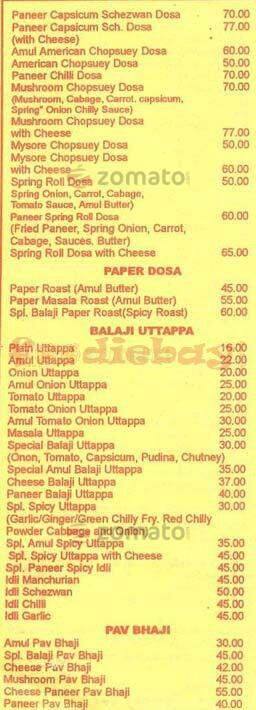 Udupi Shri Balaji Restaurant menu