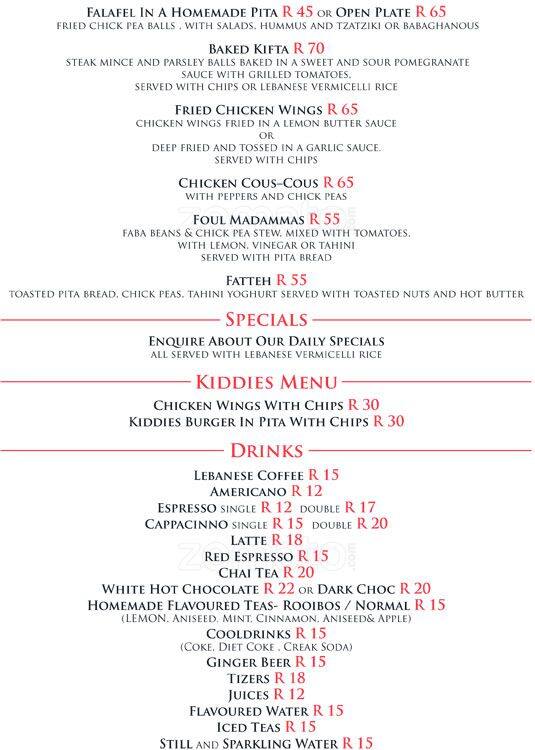 Menu at Cedar Cafe, Cape Town