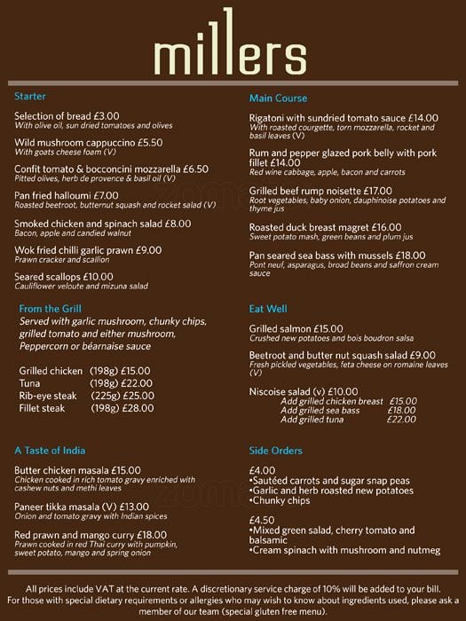 Menu at Millers Restaurant & Bar, Birmingham, Metropole