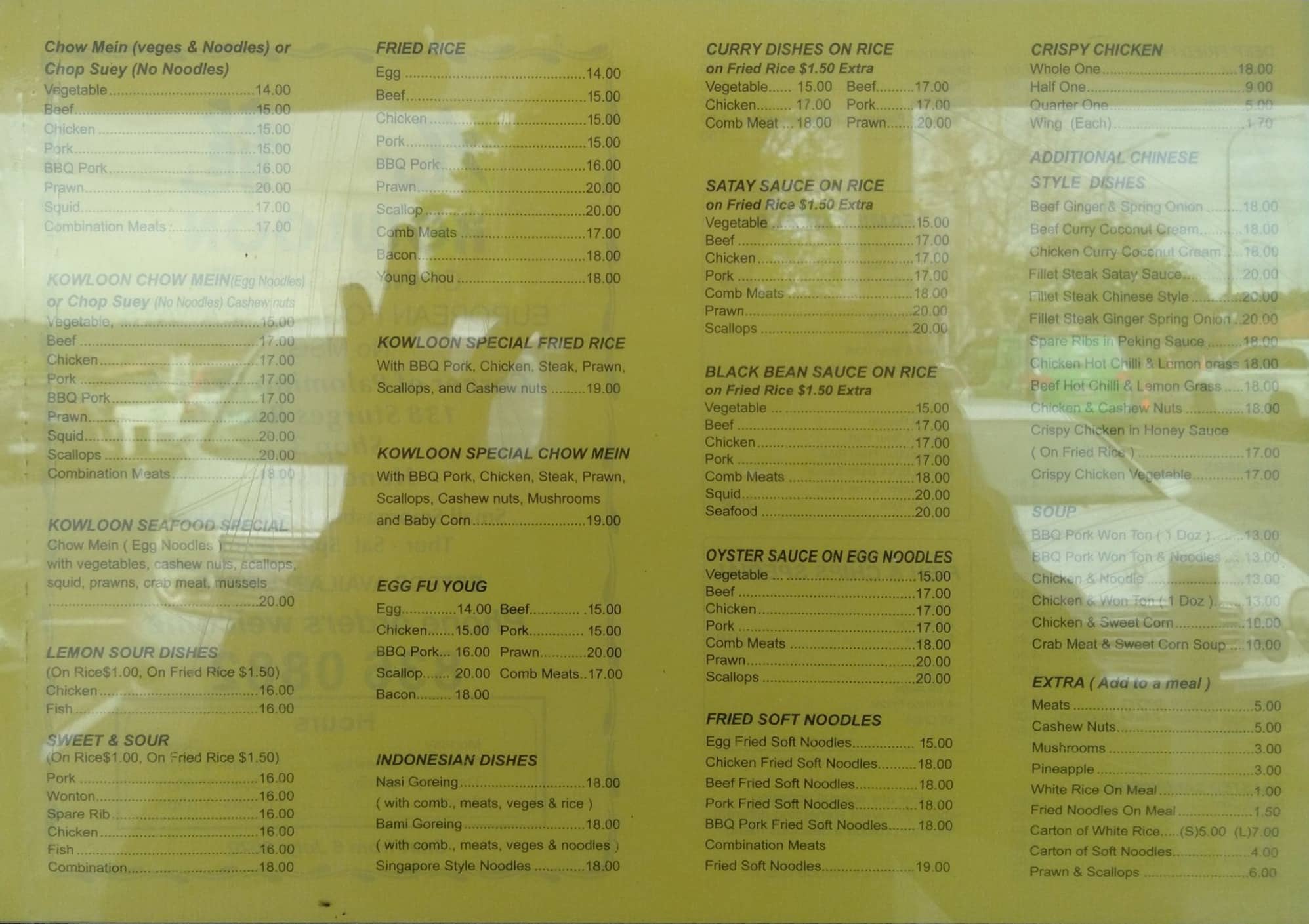 Kowloon Takeaways Menu, Menu for 