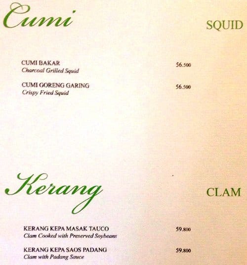 Menu at Pandan Bistro restaurant, Jakarta, Jln. Boulevard Raya No. 21