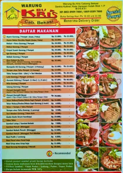 Menu at Warung Bu Kris restaurant, Bekasi Regency, RX2F+JG8