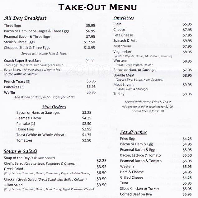 Menu at Coach House Restaurant, Toronto, 574 Yonge St