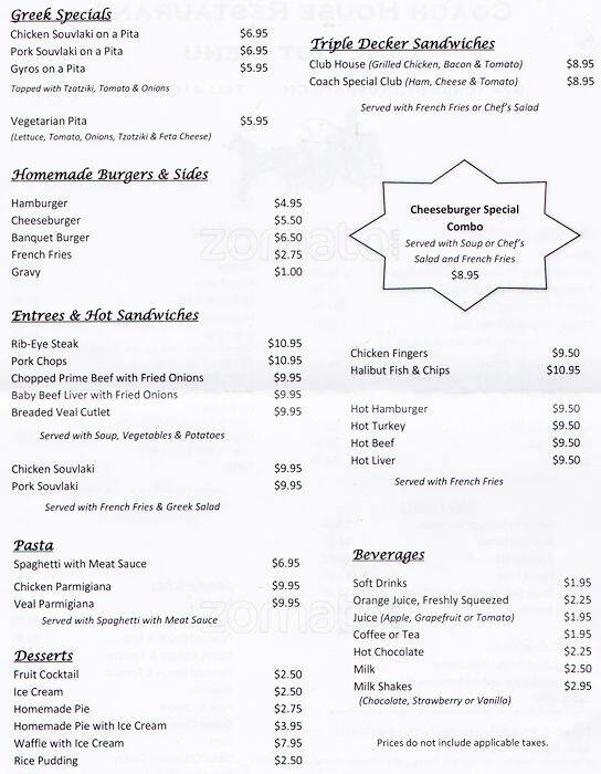 Menu at Coach House Restaurant, Toronto, 574 Yonge St