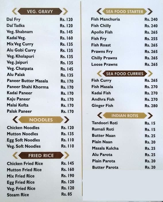 ZAM ZAM RESTAURANT menu