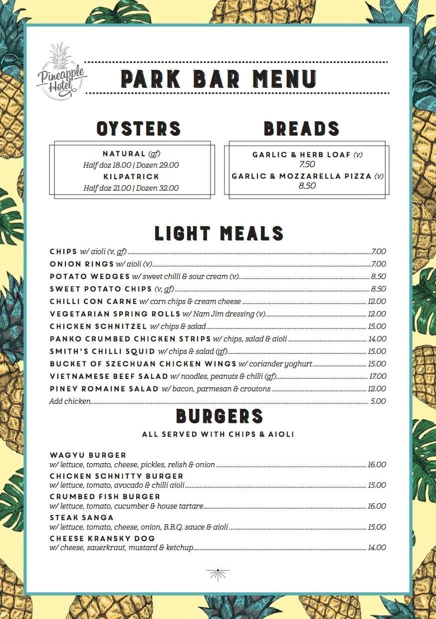 Pineapple Hotel Park Bar Menu Urbanspoon/Zomato