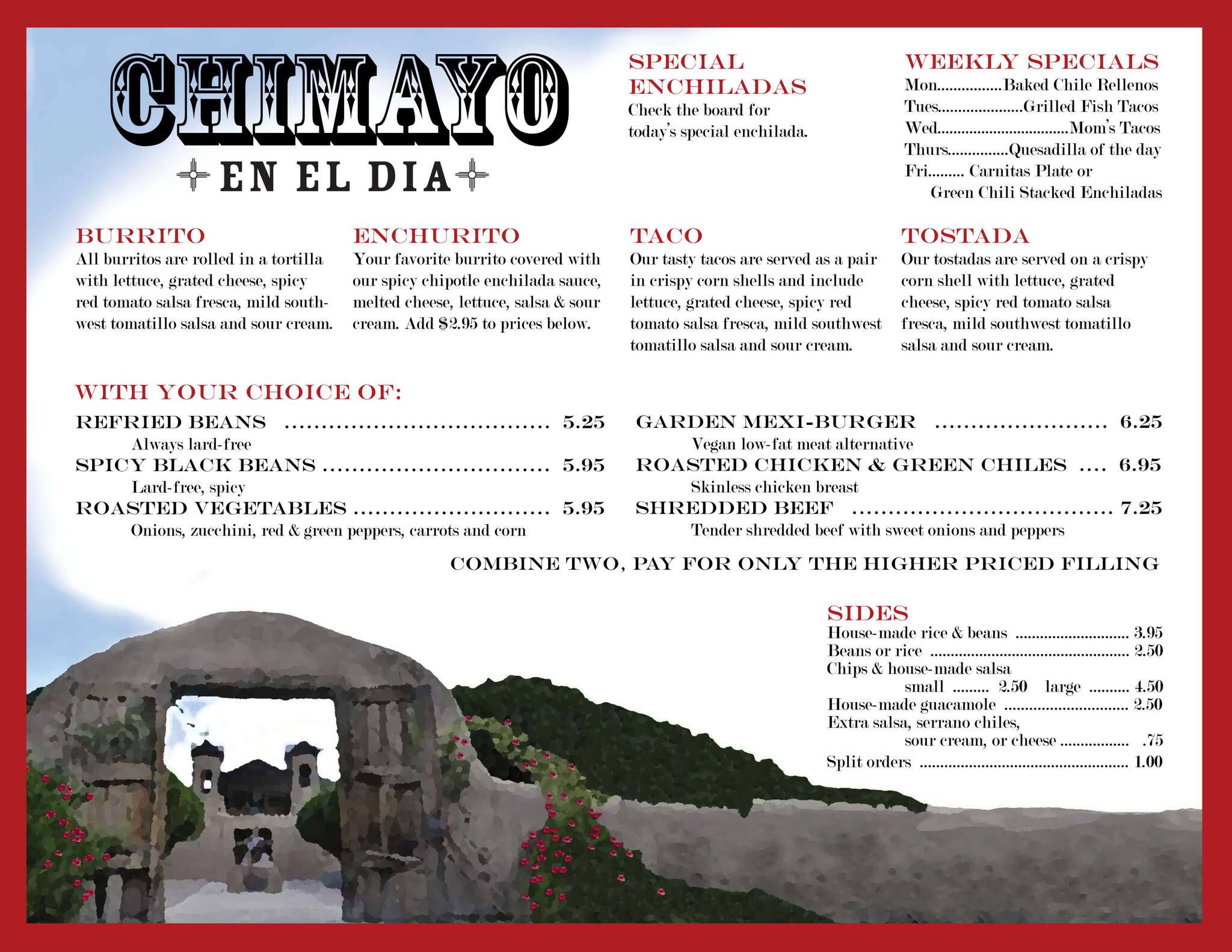 Menu at Chimayo En El Dia restaurant, Eastsound, 112 Haven Rd