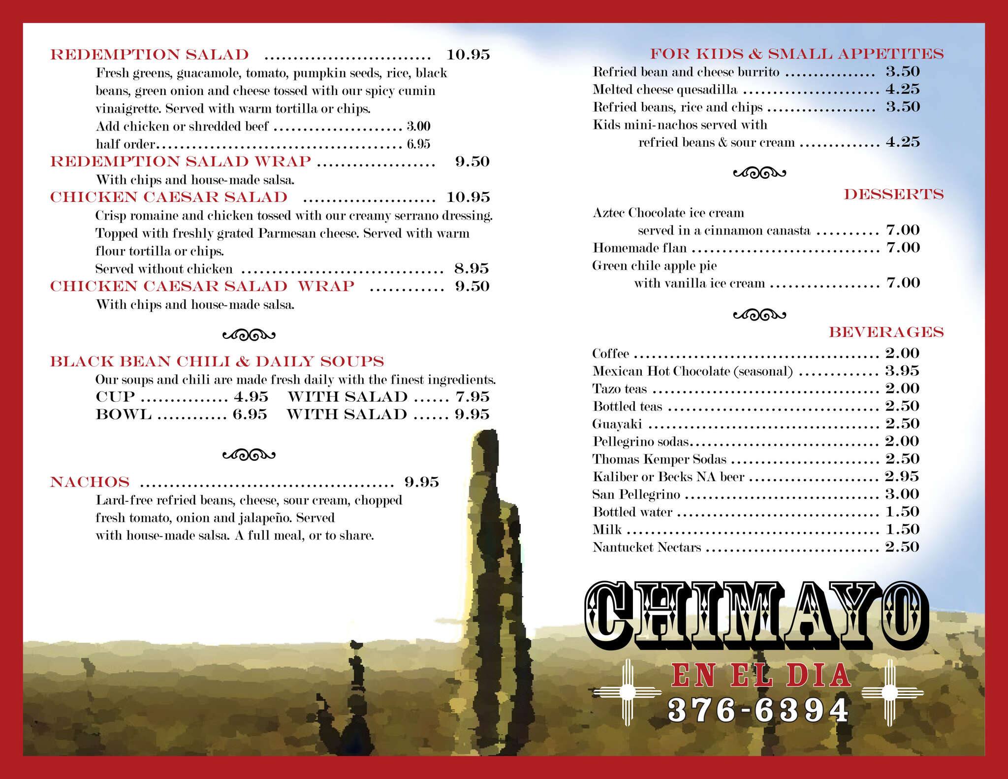 Menu at Chimayo En El Dia restaurant, Eastsound, 112 Haven Rd