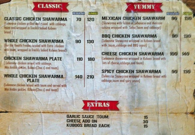 Menu at The Shawarma Shop, Chennai, T-101