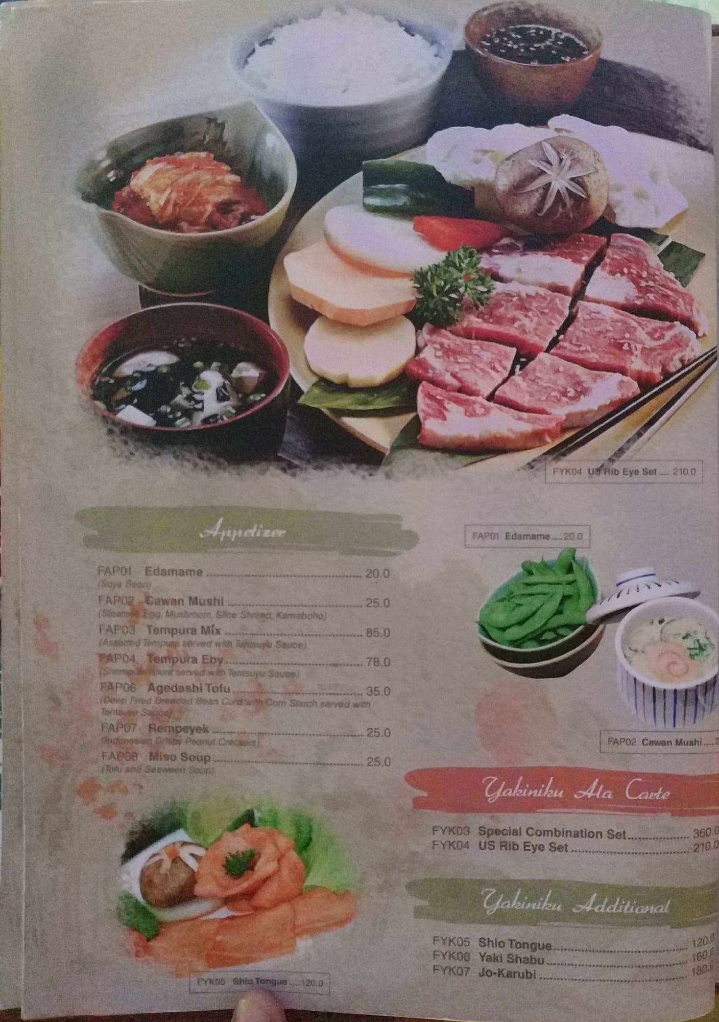 Menu at Omori restaurant, Jakarta