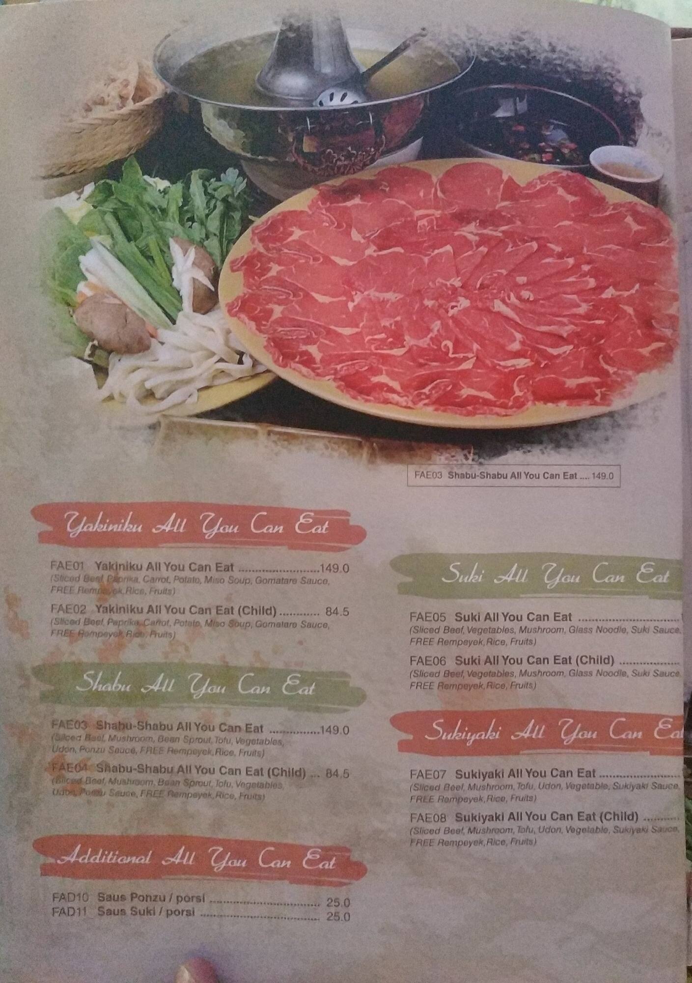 Menu at Omori restaurant, Jakarta