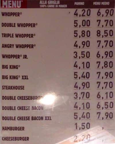 Menu di Burger King 