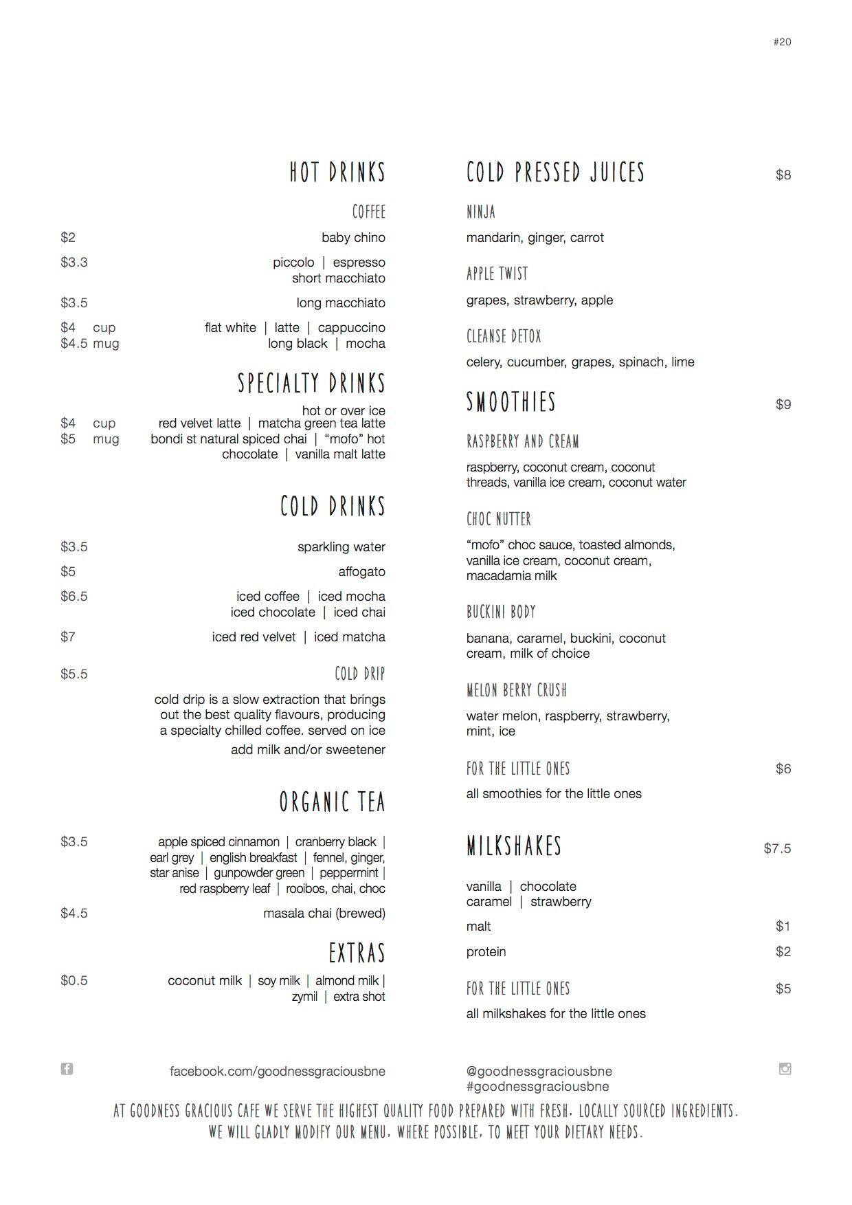 Goodness Gracious Cafe Menu, Menu for Goodness Gracious Cafe