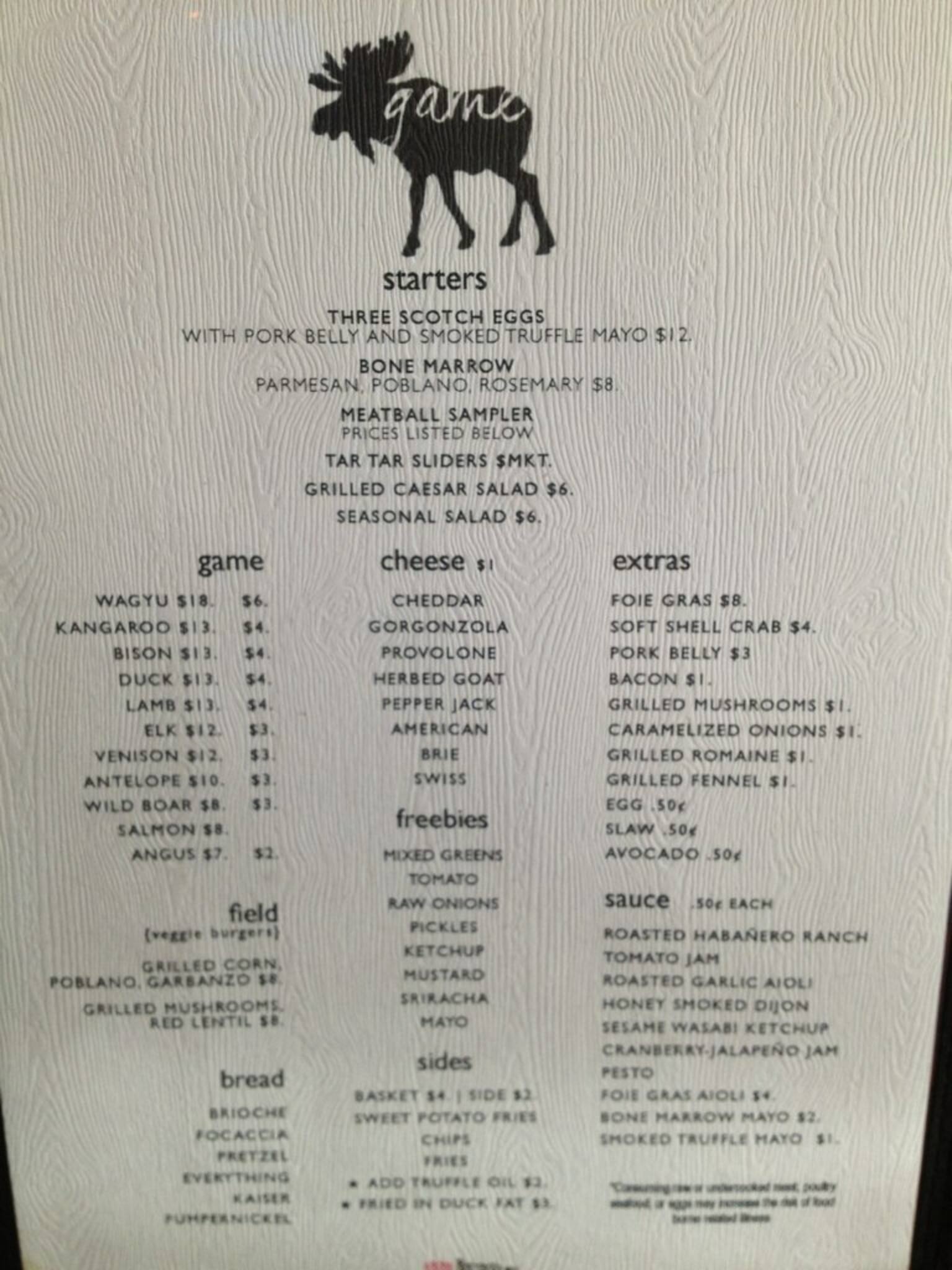 Menu at Game Restaurant, Louisville, Lexington Rd