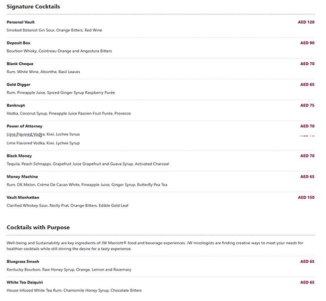 Menu of Vault JW Marriott Marquis, Business Bay, Dubai