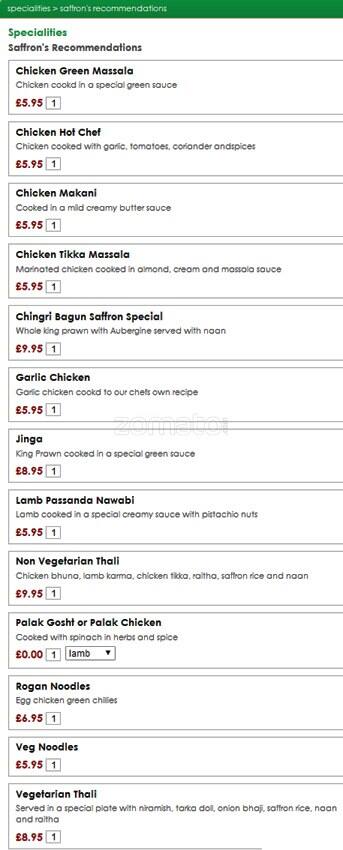 Saffron Indian Cuisine menu