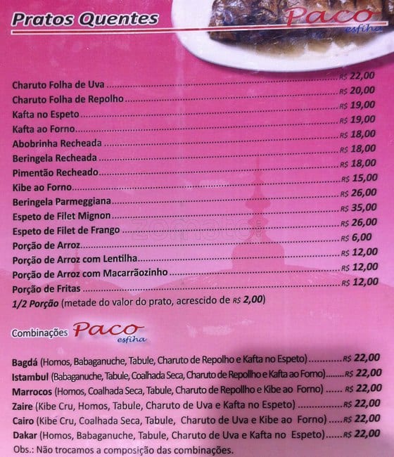 Paco Esfíha cardápio
