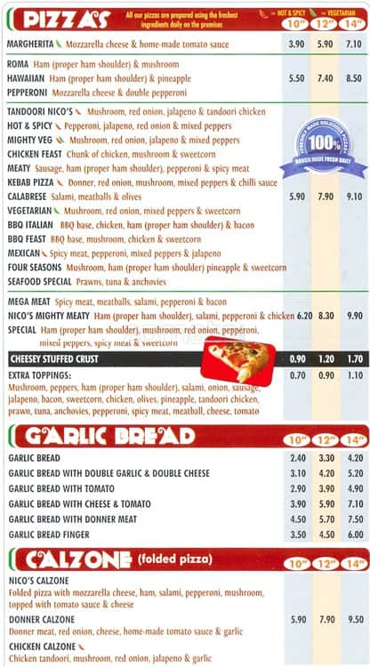 Nico's Pizza Pasta Menu, Menu for Nico's Pizza Pasta, Swinton ...