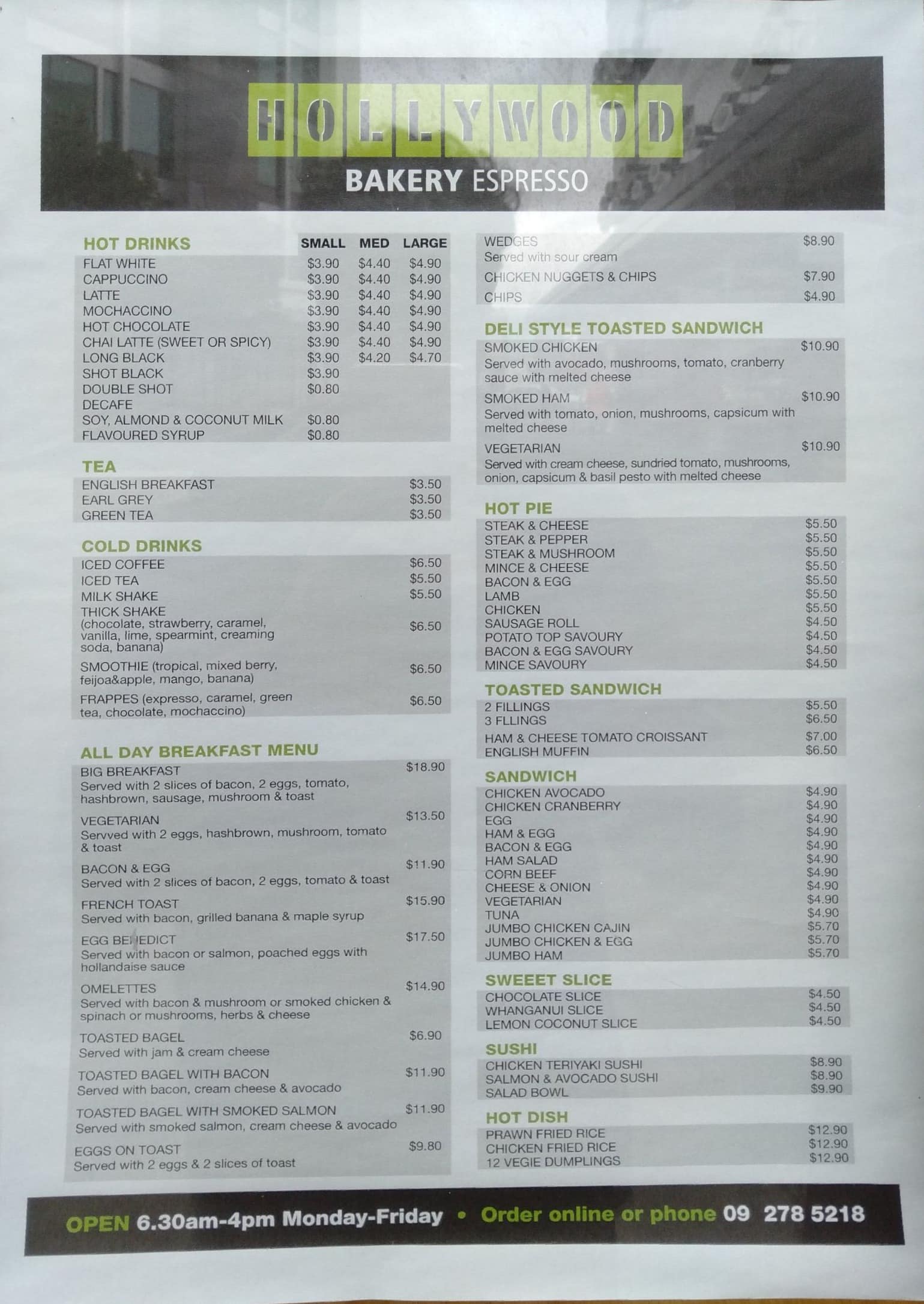 Menu at Hollywood Bakery Highbrook, Auckland, LG House Ground Floor/60