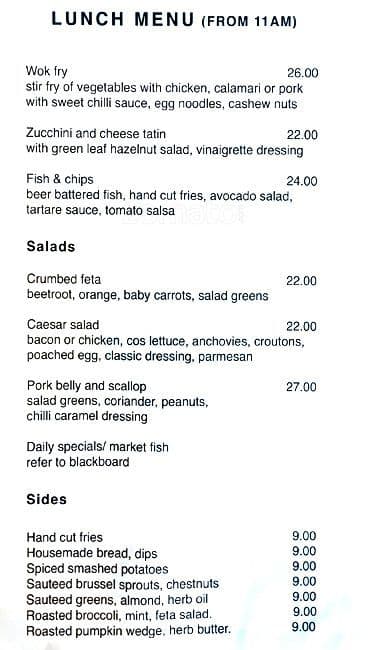 Menu at Vista Cafe, Wellington