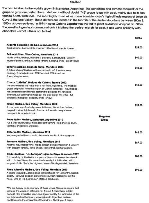 Menu at Kyloe Restaurant, Edinburgh