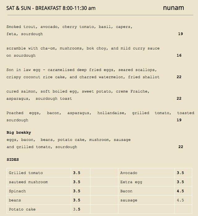 NUNAM Thai Restaurant menu