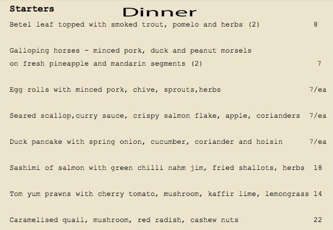 NUNAM Thai Restaurant menu