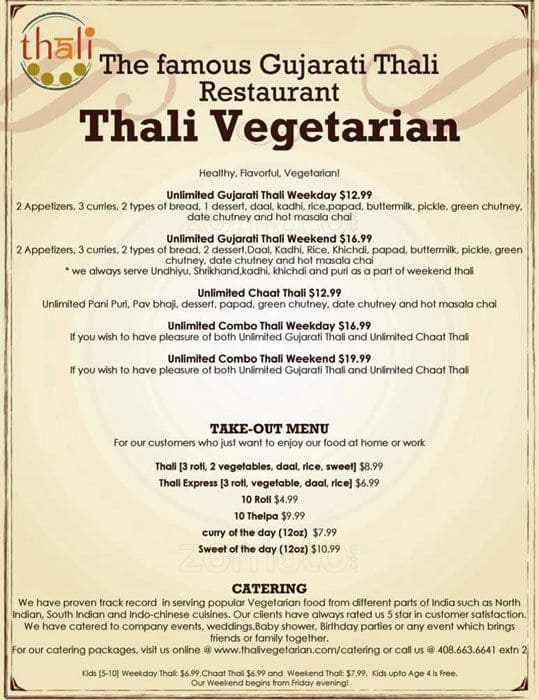 Menu At Thali Indian Vegetarian Restaurant Santa Clara Menu At Thali Indian Vegetarian