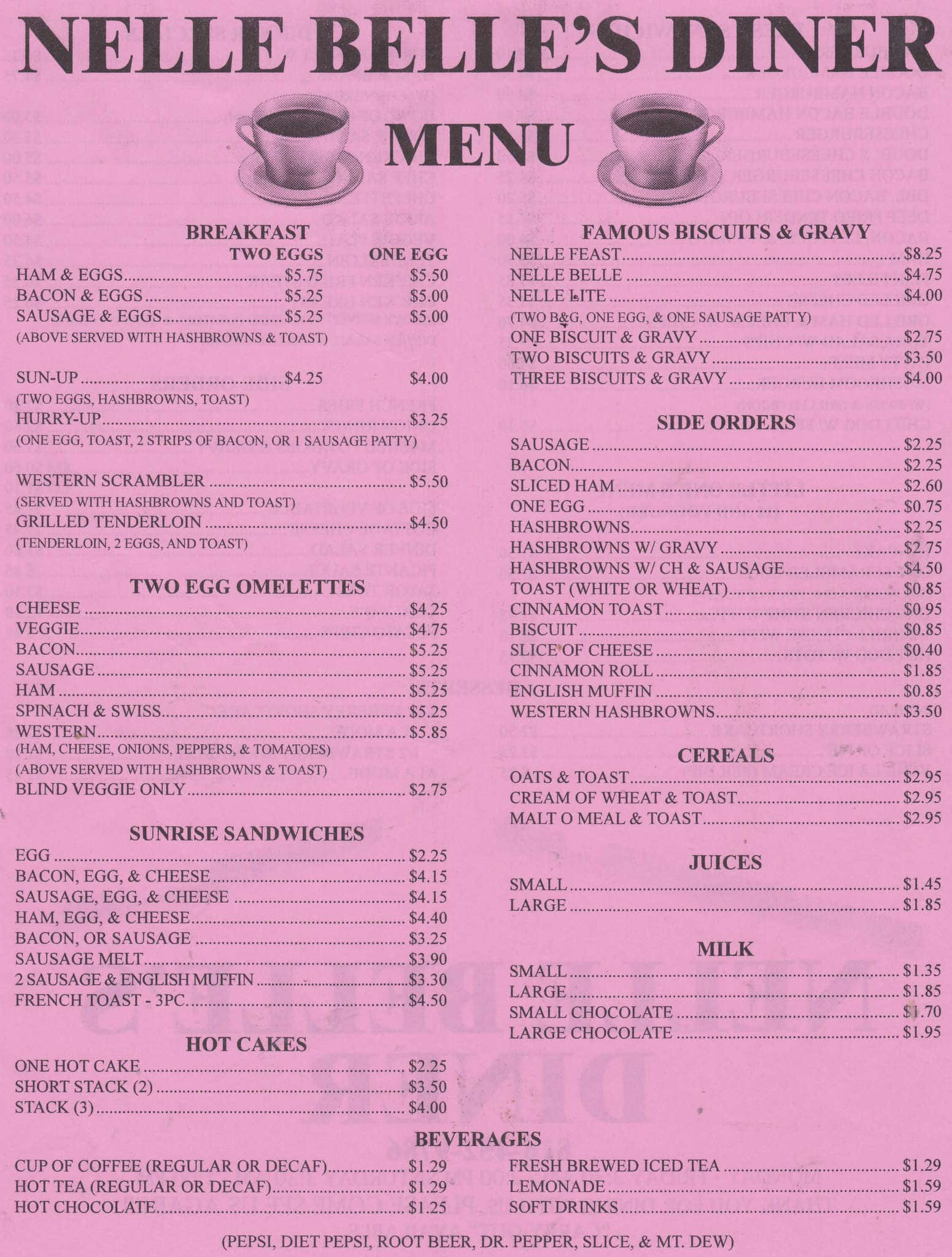 Nelle Belle's Diner Menu, Menu for Nelle Belle's Diner,