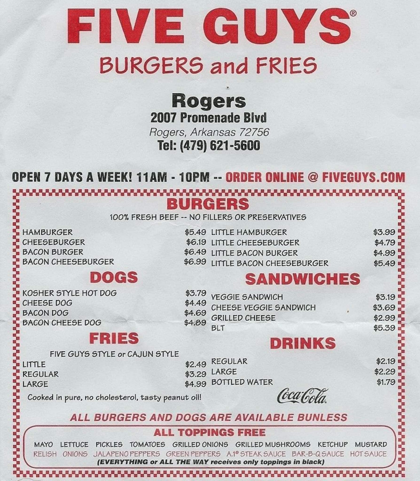 Menu at Five Guys fast food, Rogers