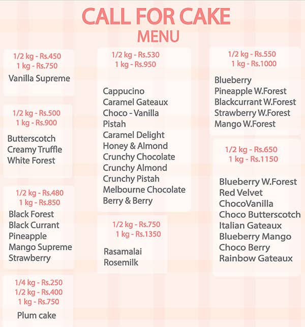 Menu of Call For Cake, Saibaba Colony, Coimbatore