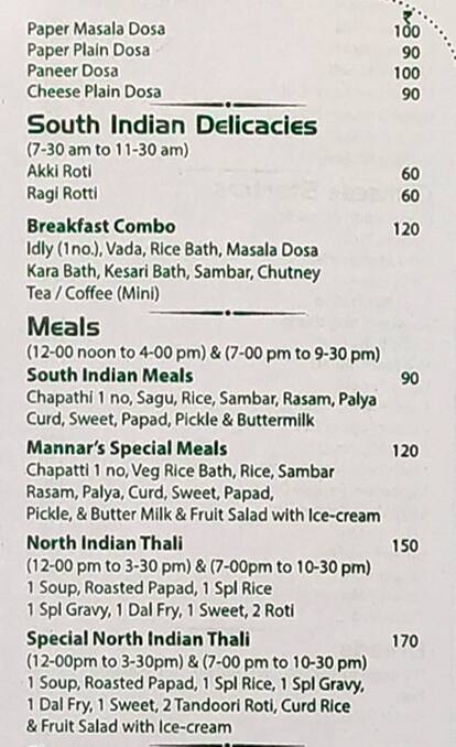MANNAR'S menu
