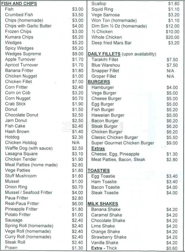 Bay's Takeaway Menu, Menu for Bay's Takeaway, Island Bay, Wellington ...