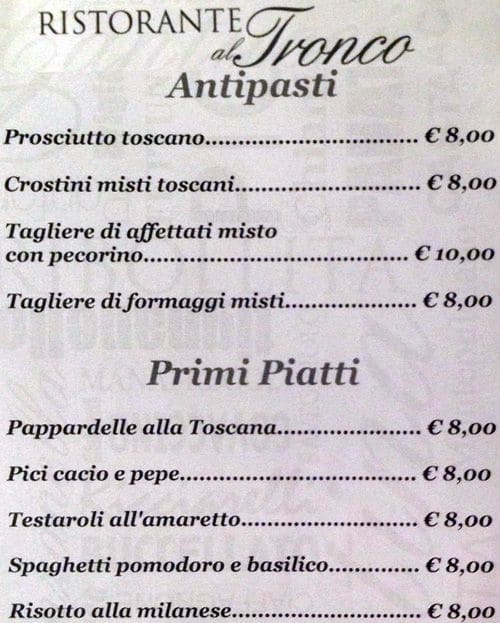 Menu di Al Tronco 