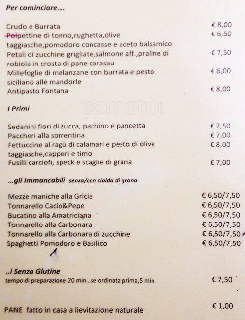 Menu di Caffè Fontana 