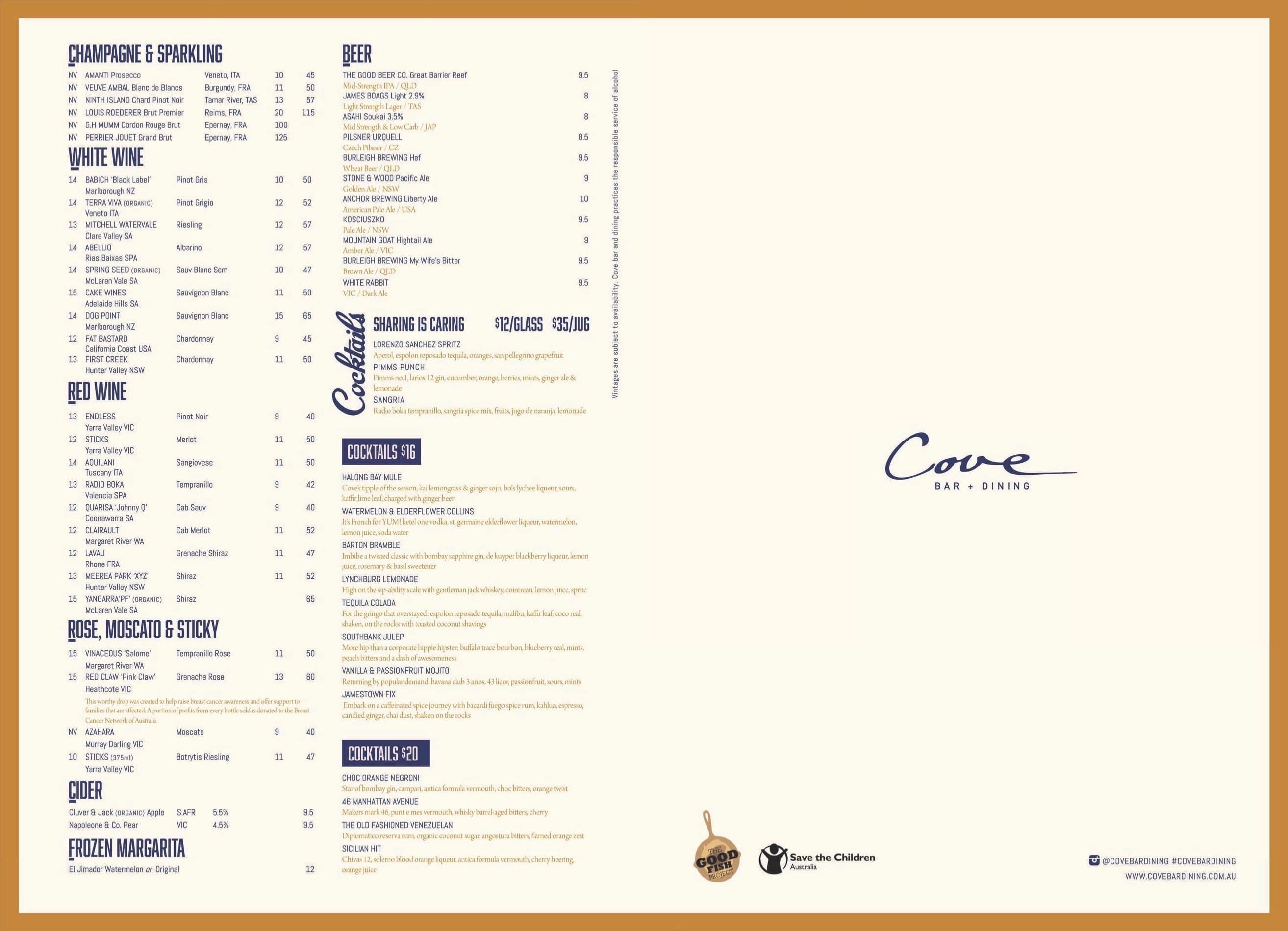 Menu at Cove Bar & Dining, South Brisbane, 35 Sidon St