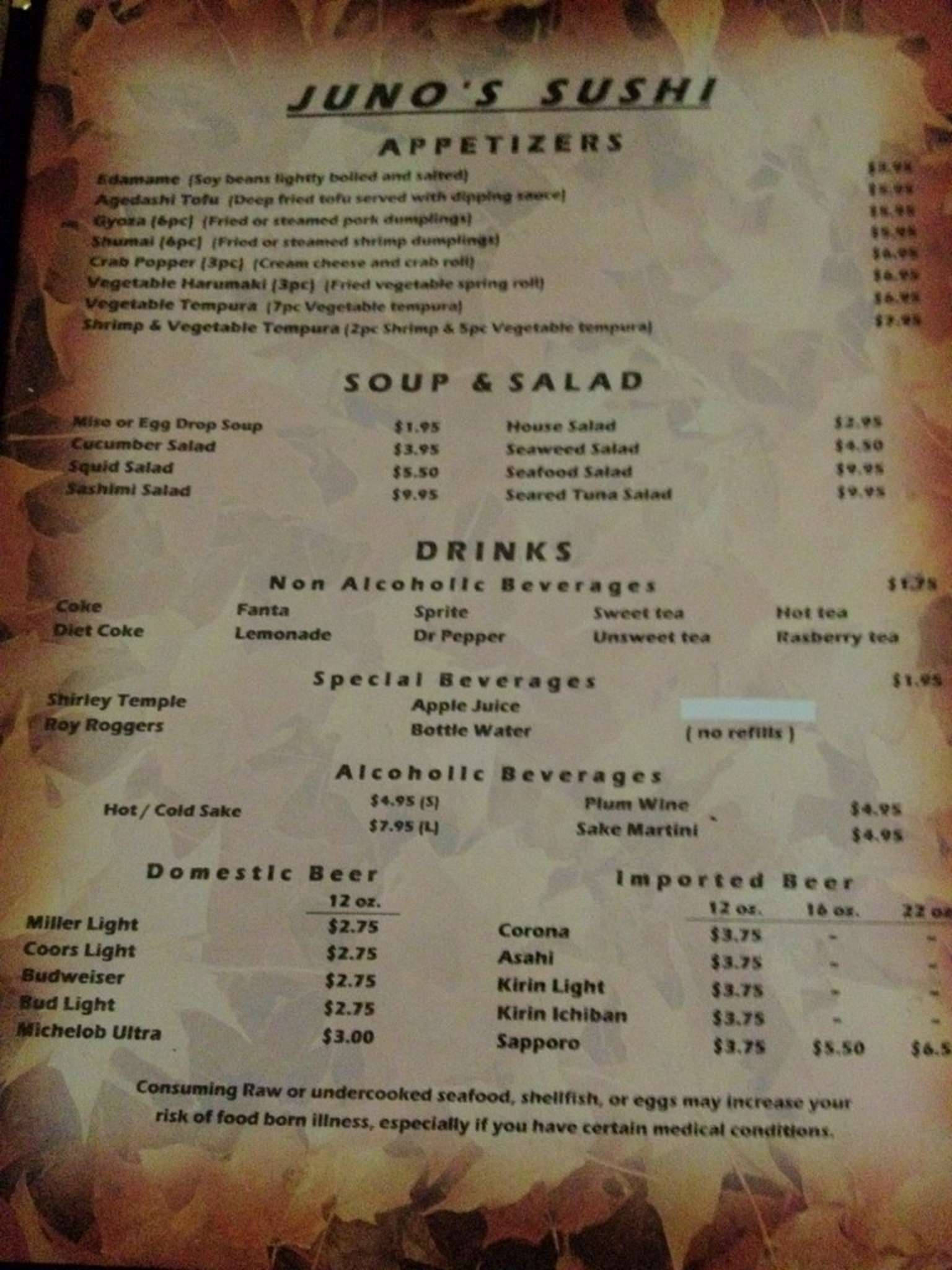 Juno's Sushi Steak & Seafood Menu Urbanspoon/Zomato